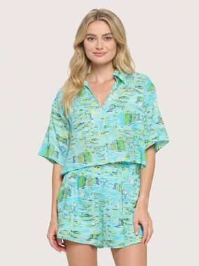 Beach Print 2 Piece Set Relaxed V Neck Top and Shorts Sold Separately Available